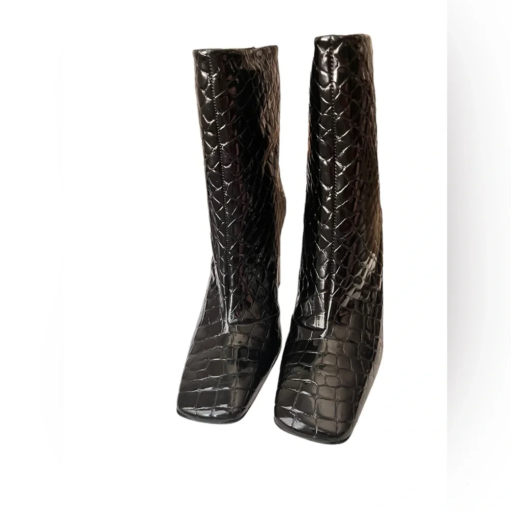 Good American Black Croc Embossed‎ Square Toe Mid-Calf Boots Size 6